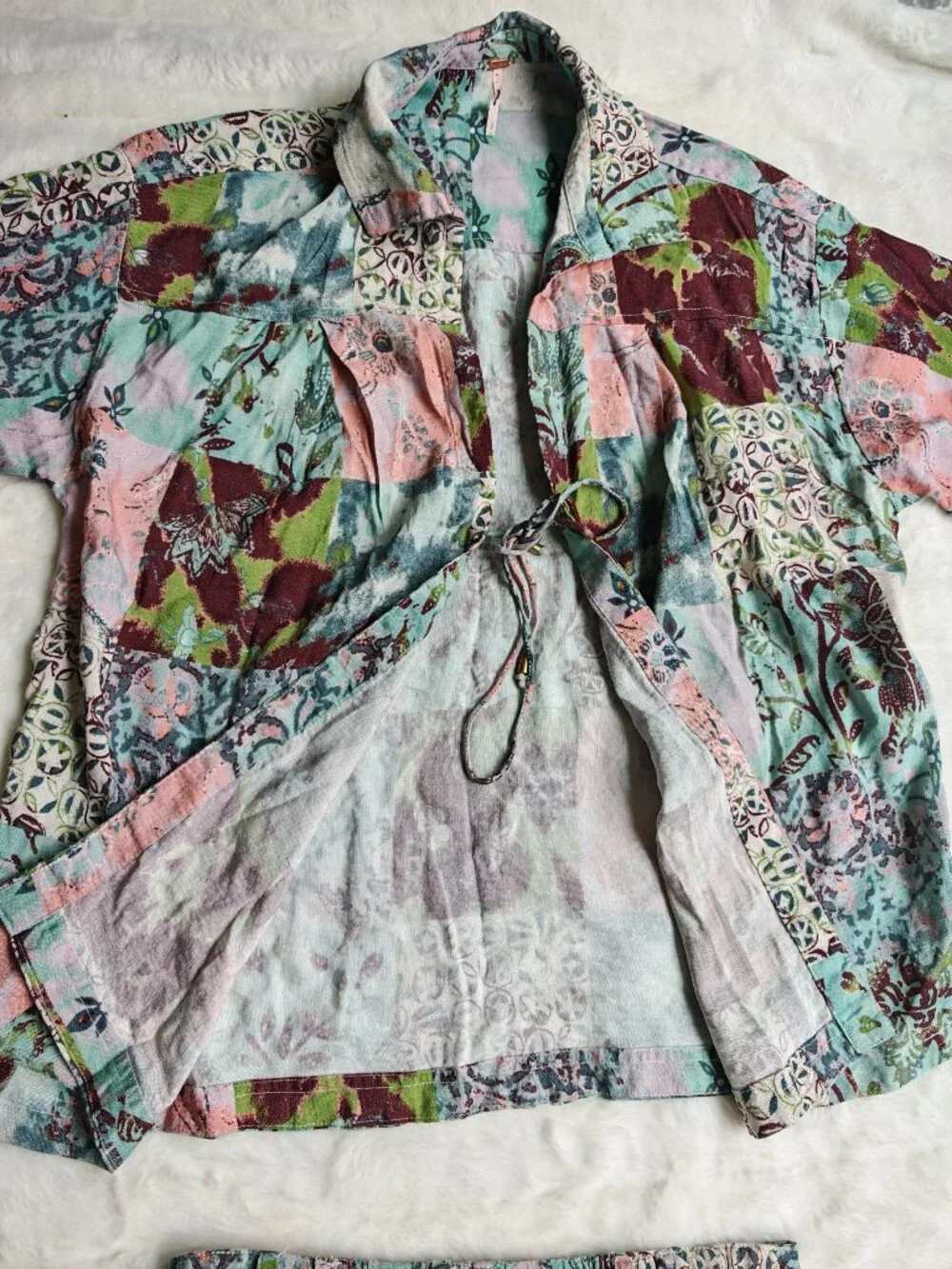 Free People 3 Piece Patchwork Linen Blend Set S Boho Kimono Shorts Bralette Fest